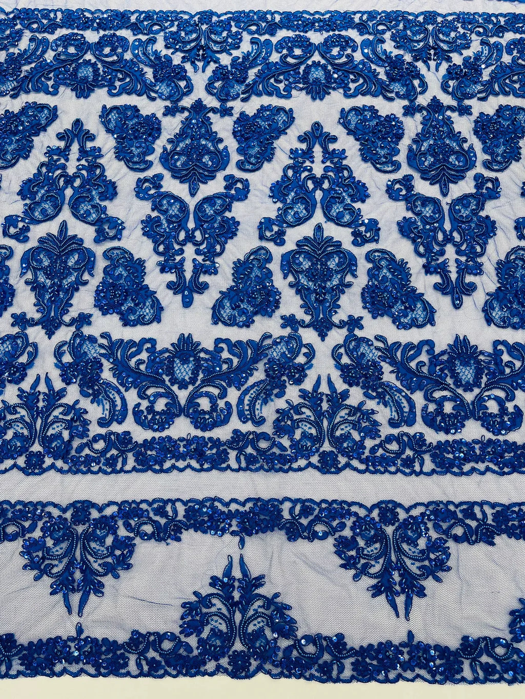 Beaded My Lady Damask Design - Royal Blue - Beaded Fancy Damask Embroidered Fabric By Yard