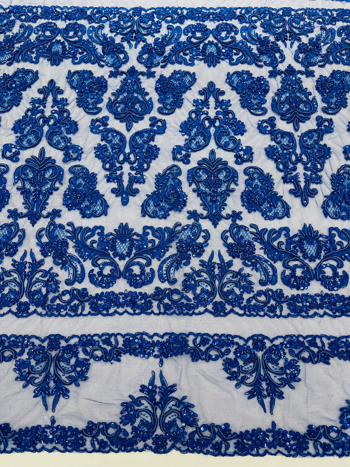 Beaded My Lady Damask Design - Royal Blue - Beaded Fancy Damask Embroidered Fabric By Yard