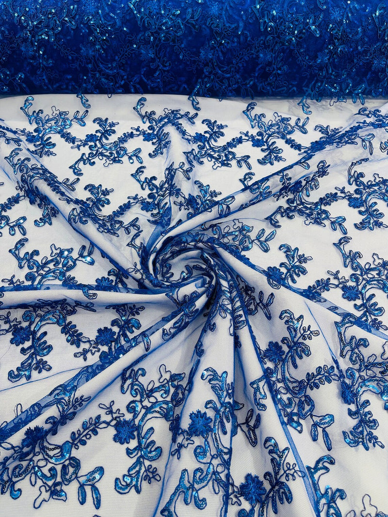 Floral Sequins Lace Fabric - Royal Blue - Embroidery Flower Clusters Design with Shiny Sequins  Fabric Sold By Yard