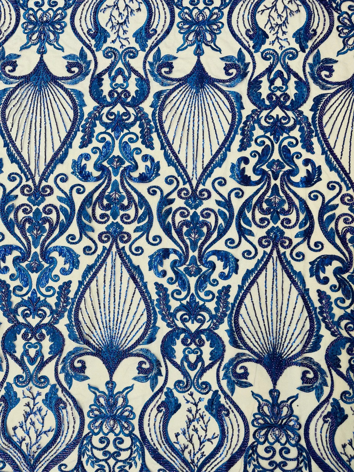 Damask Leaf Bead Fabric - Royal Blue - Heavy Beaded Embroidered Sequins Lace Fabric by Yard