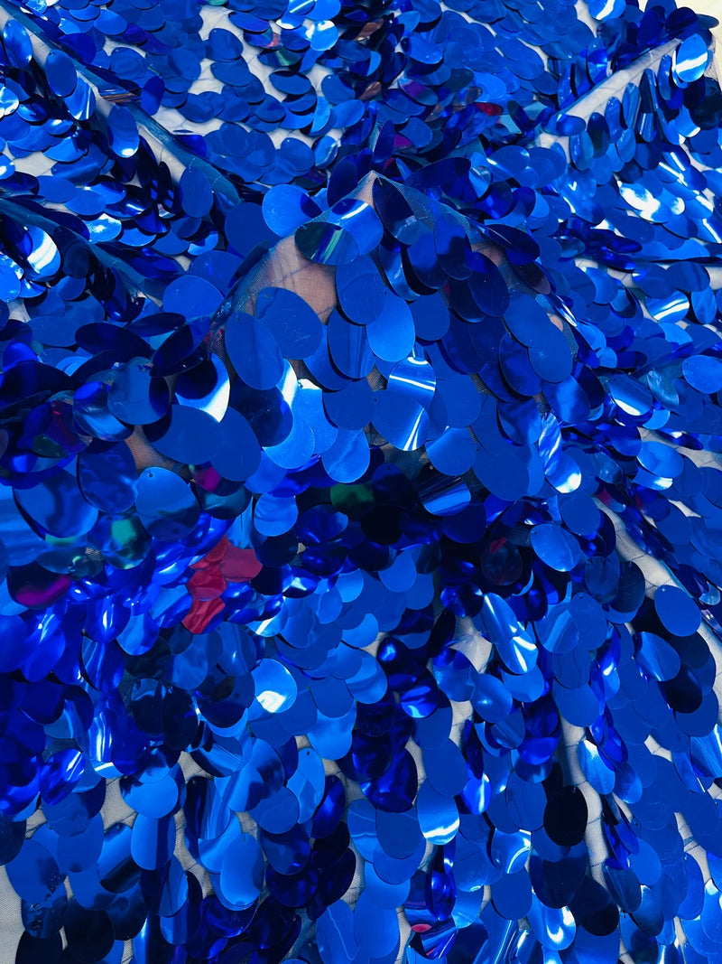 Jumbo Oval Sequins - Royal Blue - Paillette Big Oval Sequins Design Fabric By Yard