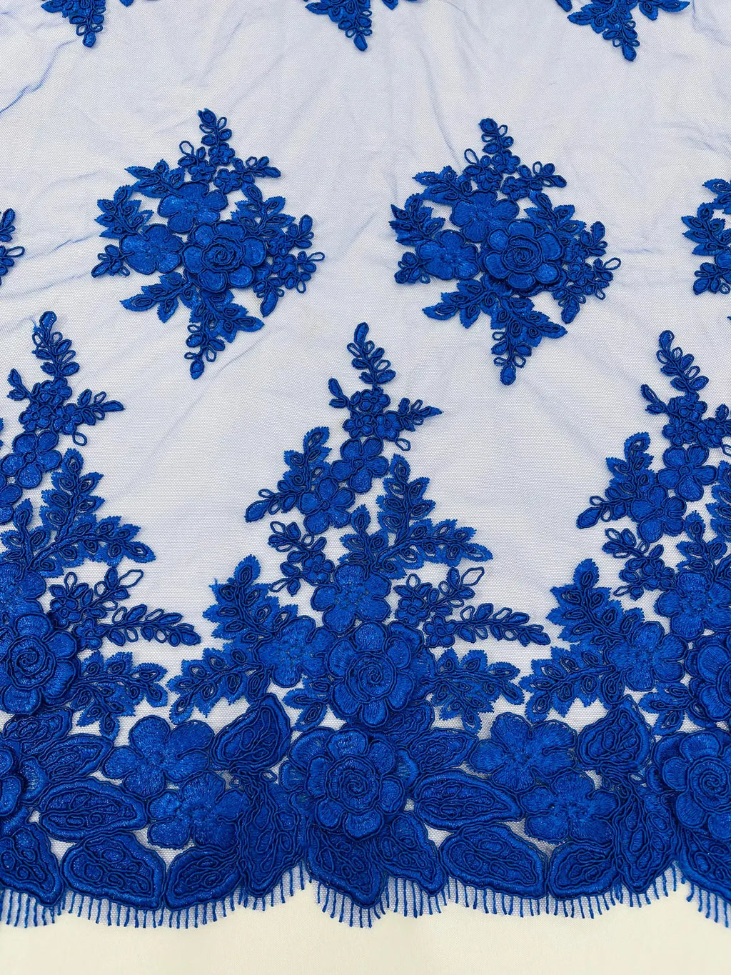 Corded Floral 3D Fabric - Royal Blue - Embroidered Floral Design on Lace Mesh Fabric by Yard