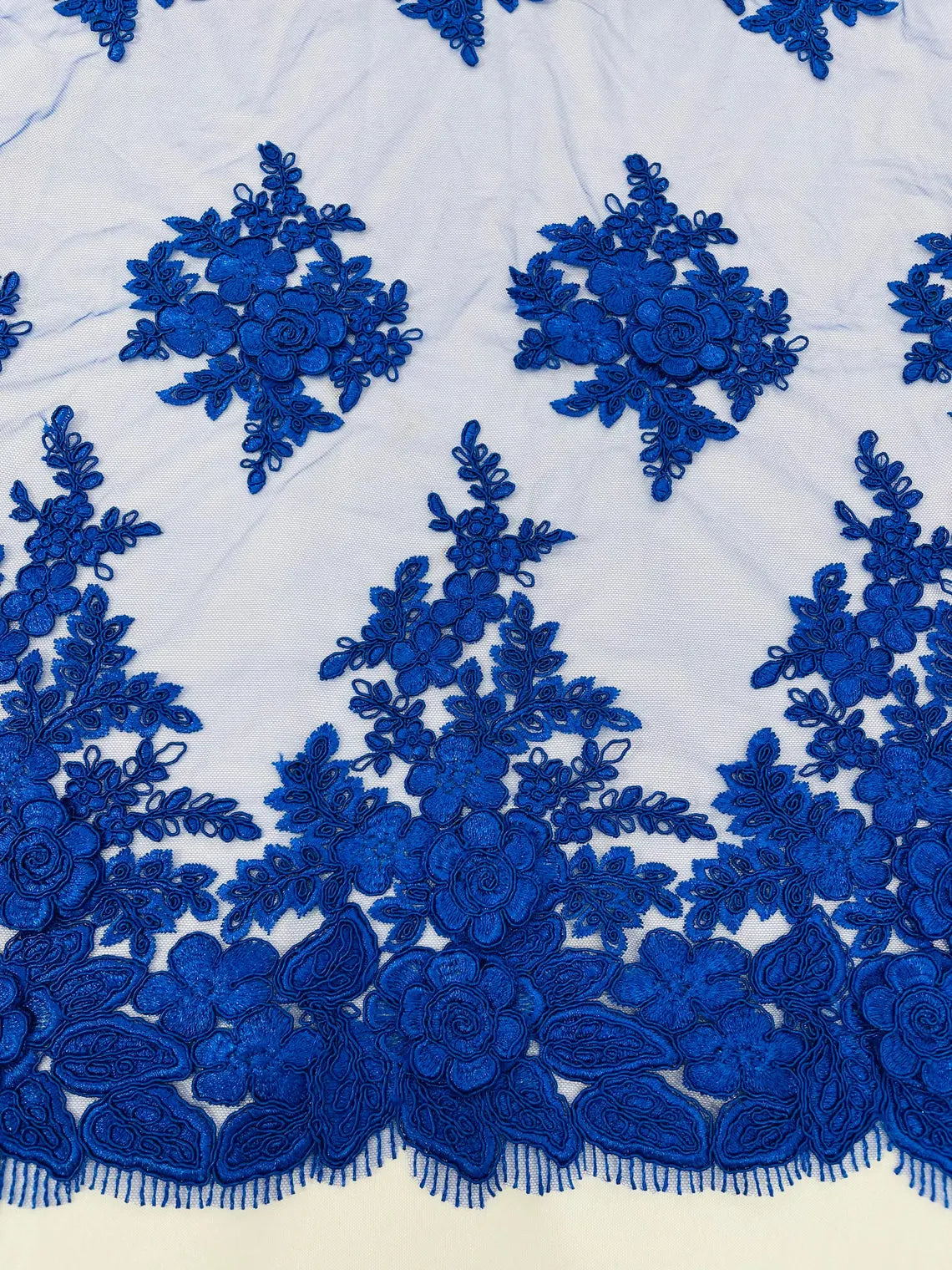 Corded Floral 3D Fabric - Royal Blue - Embroidered Floral Design on Lace Mesh Fabric by Yard