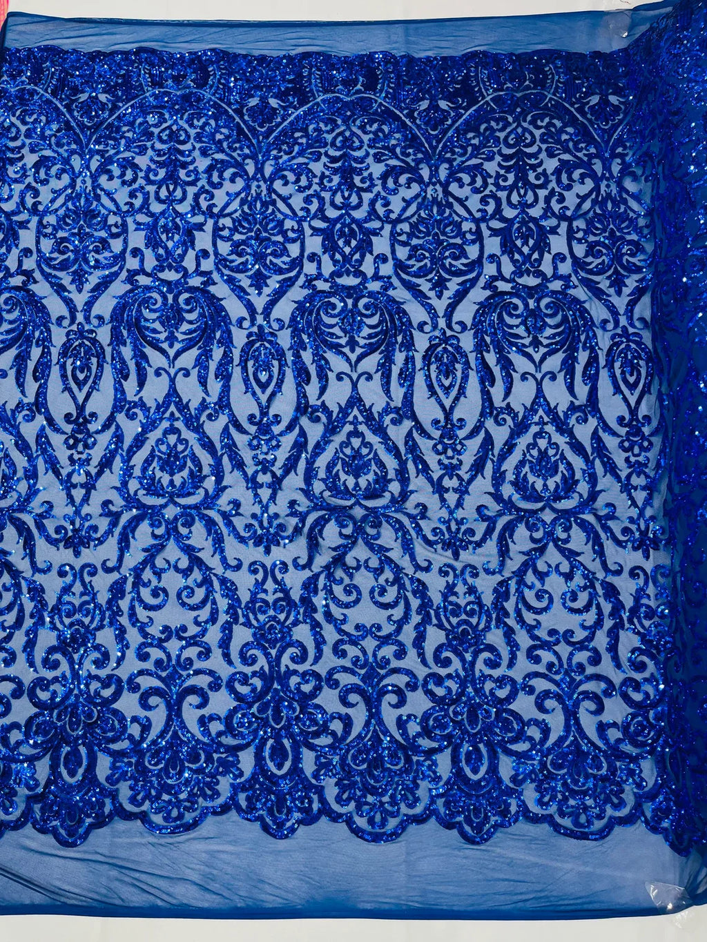 Damask Decor Sequins - Royal Blue - 4 Way Stretch Design High Quality Fabric By Yard