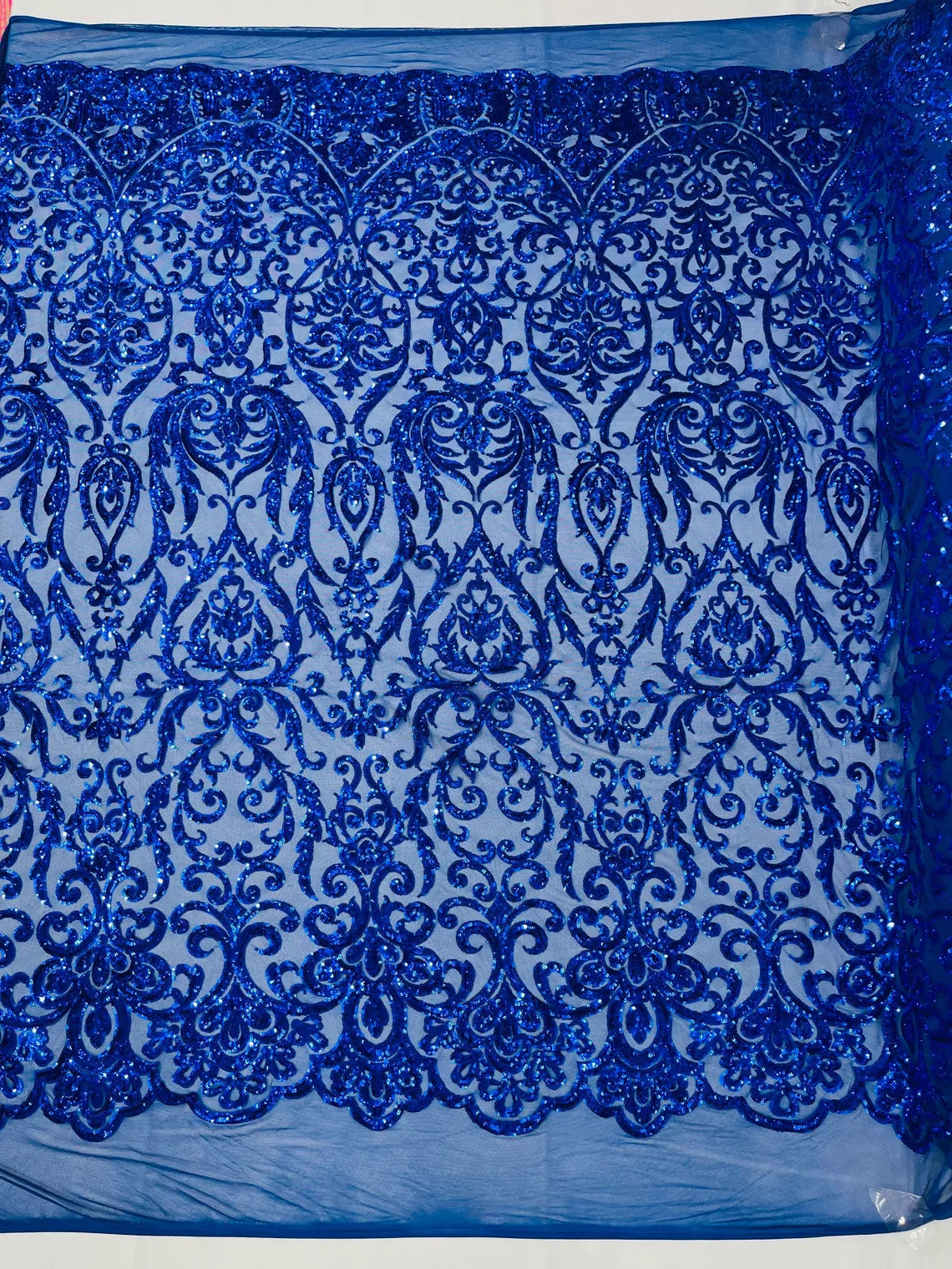 Damask Decor Sequins - Royal Blue - 4 Way Stretch Design High Quality Fabric By Yard