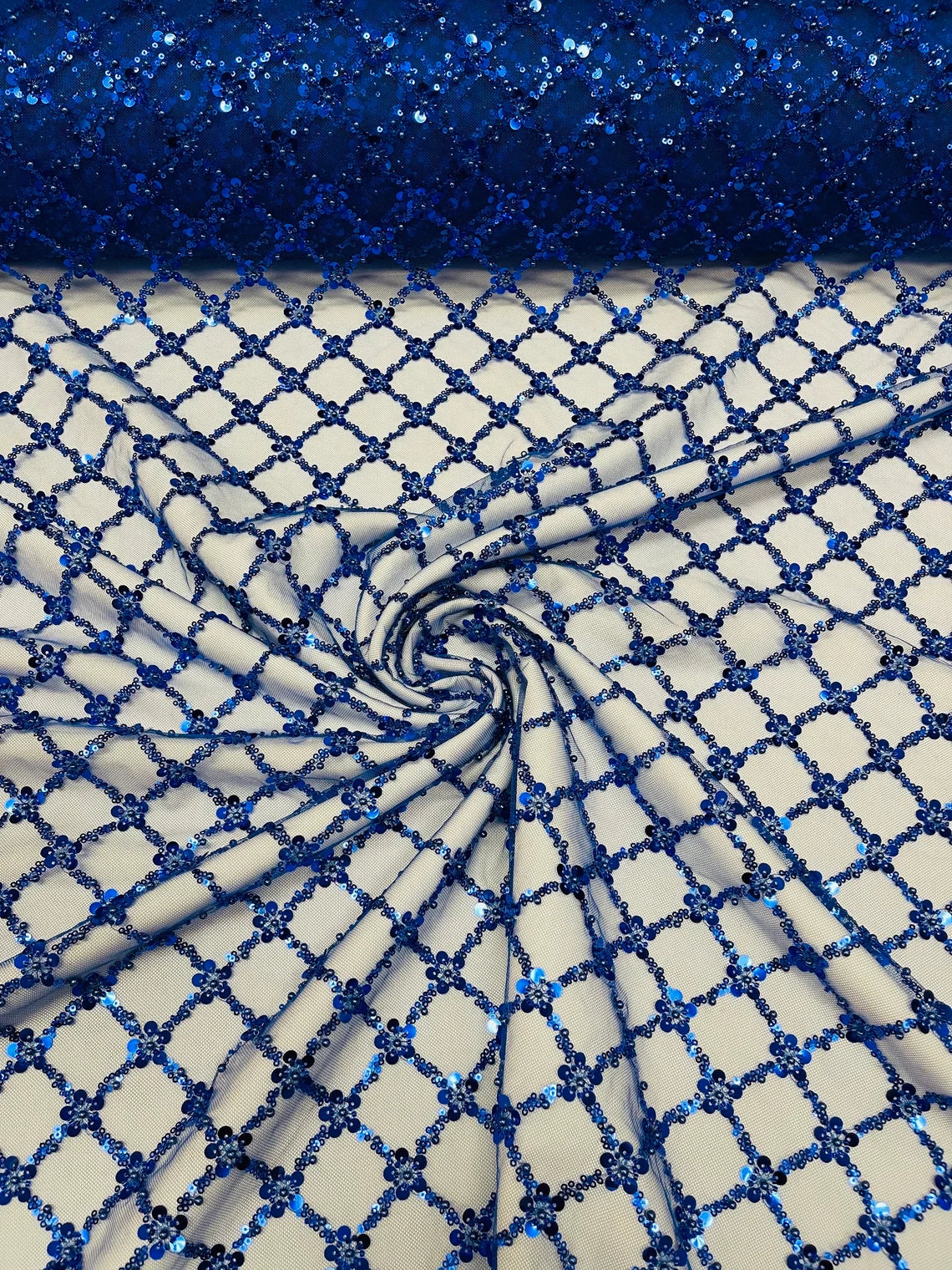 Beaded Diamond Net Fabric - Royal Blue - Embroidered Geometric Beaded Sequins Fabric Sold By Yard