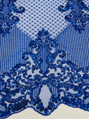 King Damask Design Fabric - Royal Blue - Embroidered Corded Mesh Lace Fabric with Sequins By Yard