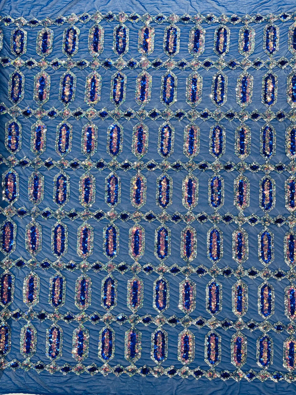 Fancy Gem Jewel Fabric - Royal Blue - Geometric Stretch Sequins Design on Mesh By Yard