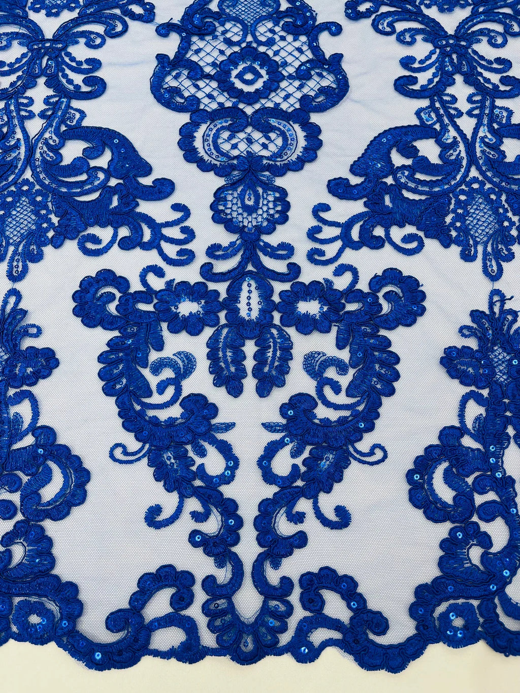 King Lace Pattern Fabric - Royal Blue - Embroidered Sequins on Lace Mesh Fabric By Yard