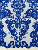 King Lace Pattern Fabric - Royal Blue - Embroidered Sequins on Lace Mesh Fabric By Yard