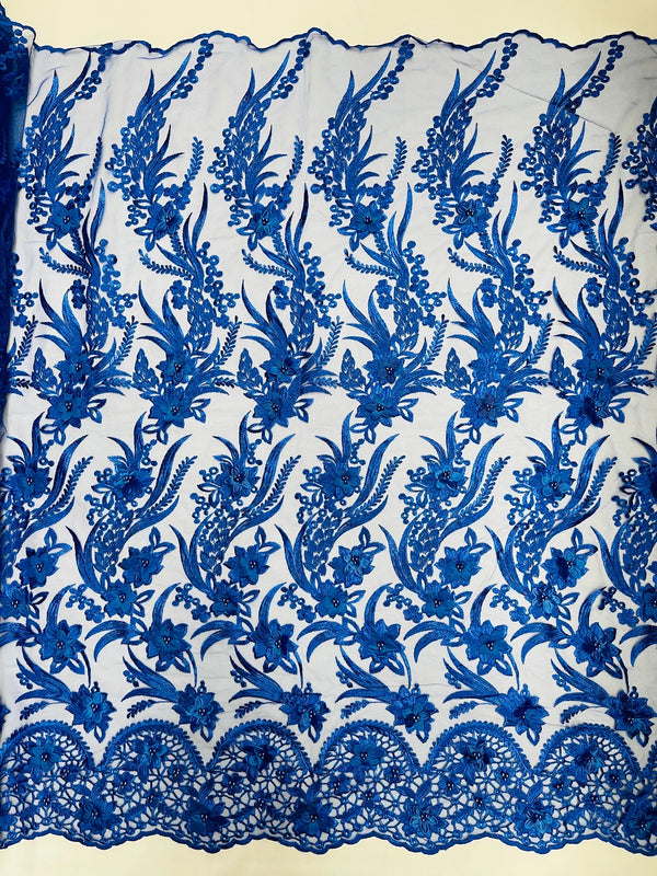 3D Floral Leaf Panels - Royal Blue - Embroidered 3D Flower Lines with Pearls on Lace By Yard