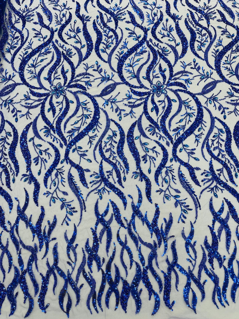 Wavy Leaf / Floral Bead Fabric - Royal Blue - Beaded Rhinestone Embroidered on a Mesh By Yard