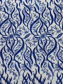 Wavy Leaf / Floral Bead Fabric - Royal Blue - Beaded Rhinestone Embroidered on a Mesh By Yard