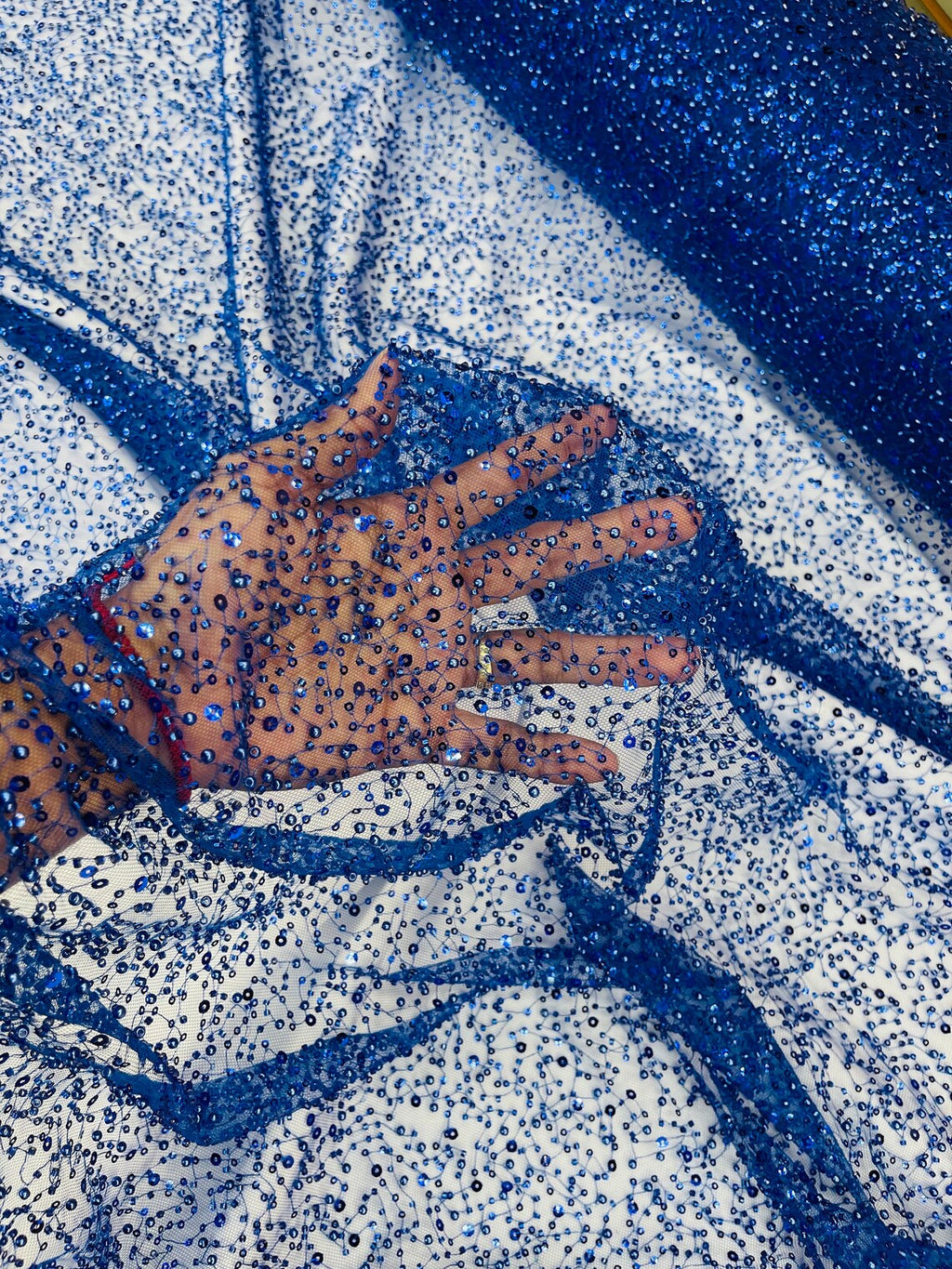 3D Beaded Mesh Fabric - Royal Blue - Embroidered Beaded Lace Mesh Fabric with Small Sequins Sold By Yard