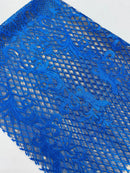 Damask on Net Lace Fabric - Royal Blue - Embroidered Lace Mesh Damask Design Fabric by Yard
