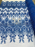 Damask Bead Fabric - Royal Blue - Embroidered Glamorous Fabric with Round Beads Sold By Yard