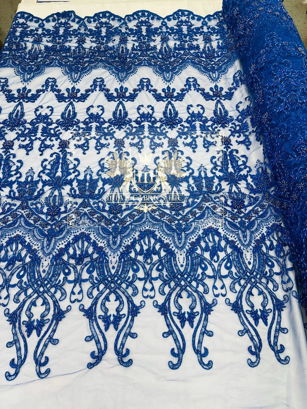 Damask Bead Fabric - Royal Blue - Embroidered Glamorous Fabric with Round Beads Sold By Yard