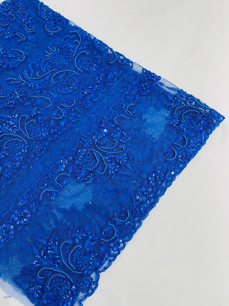 Beaded My Lady Damask Design - Royal Blue - Beaded Fancy Damask Embroidered Fabric By Yard