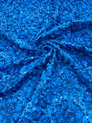 Satin Rosette Sequins Fabric - Royal Blue - 3D Rosette Satin Rose Fabric with Sequins By Yard