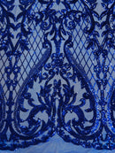 Heart Damask Sequins - Royal Blue - 4 Way Stretch Sequins Fabric By Yard