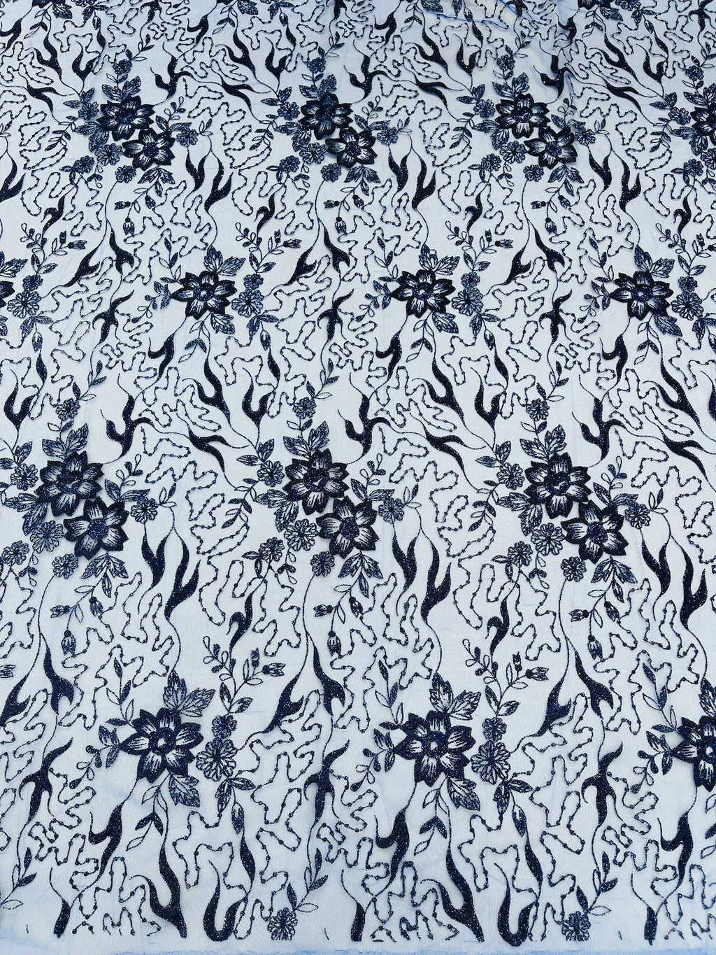 Flower Glitter Fabric - Royal Blue - 3D Floral Tulle Fabric for Wedding, Quinceañera By Yard