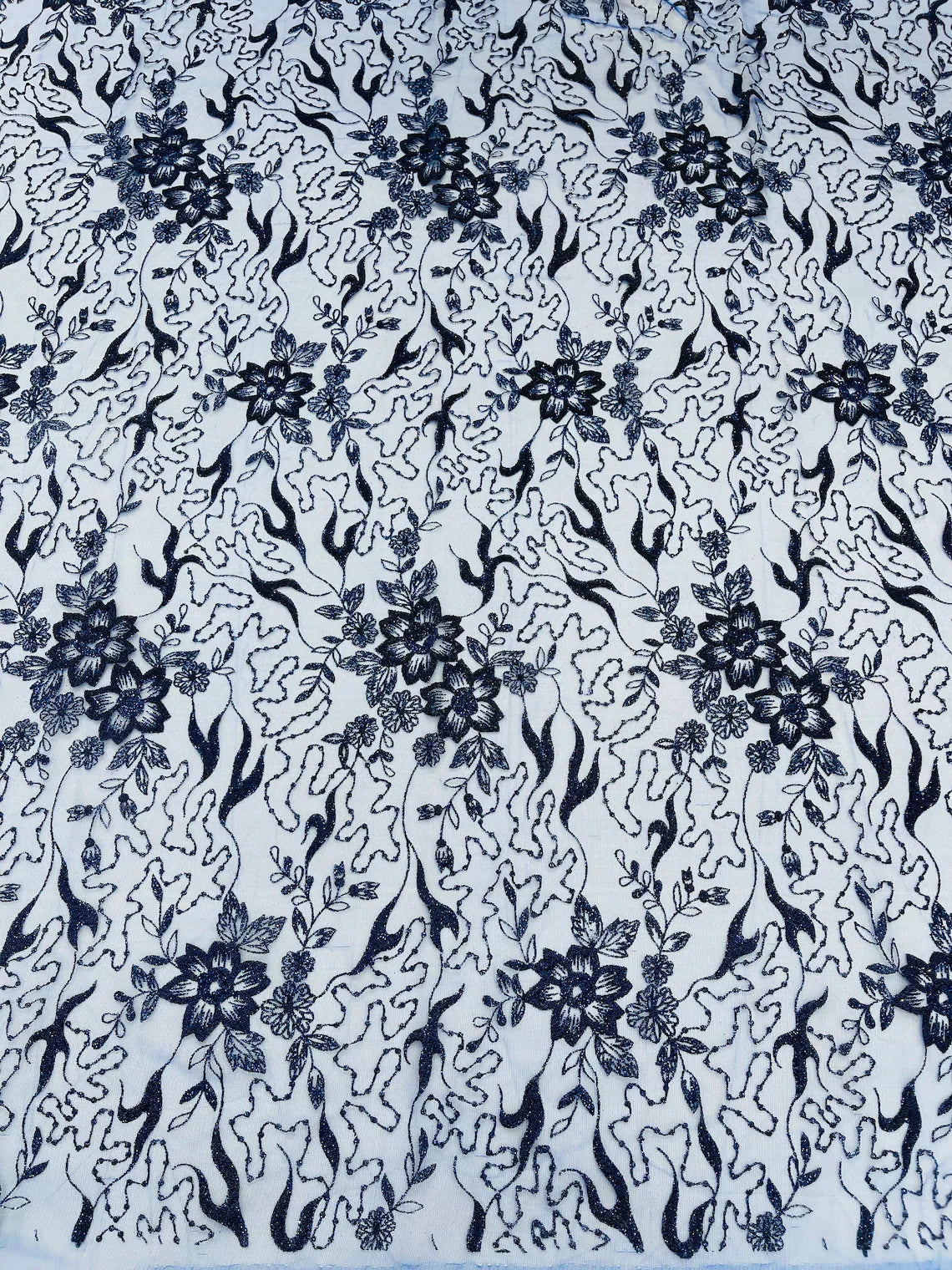 Flower Glitter Fabric - Royal Blue - 3D Floral Tulle Fabric for Wedding, Quinceañera By Yard