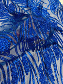 Wavy Leaf Sequins Fabric - Royal Blue - Wavy Lines and Leaves Design on Lace Mesh Fabric by Yard