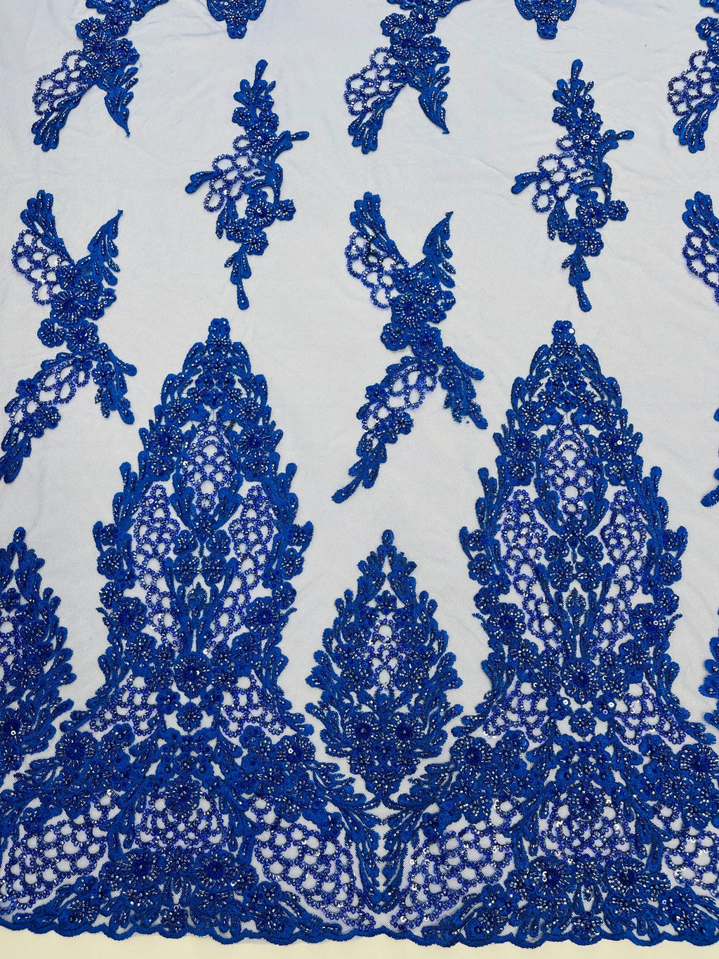 Heavy Bead Floral Fabric - Royal Blue - Beaded Flower Design Fabric Fancy Border By Yard