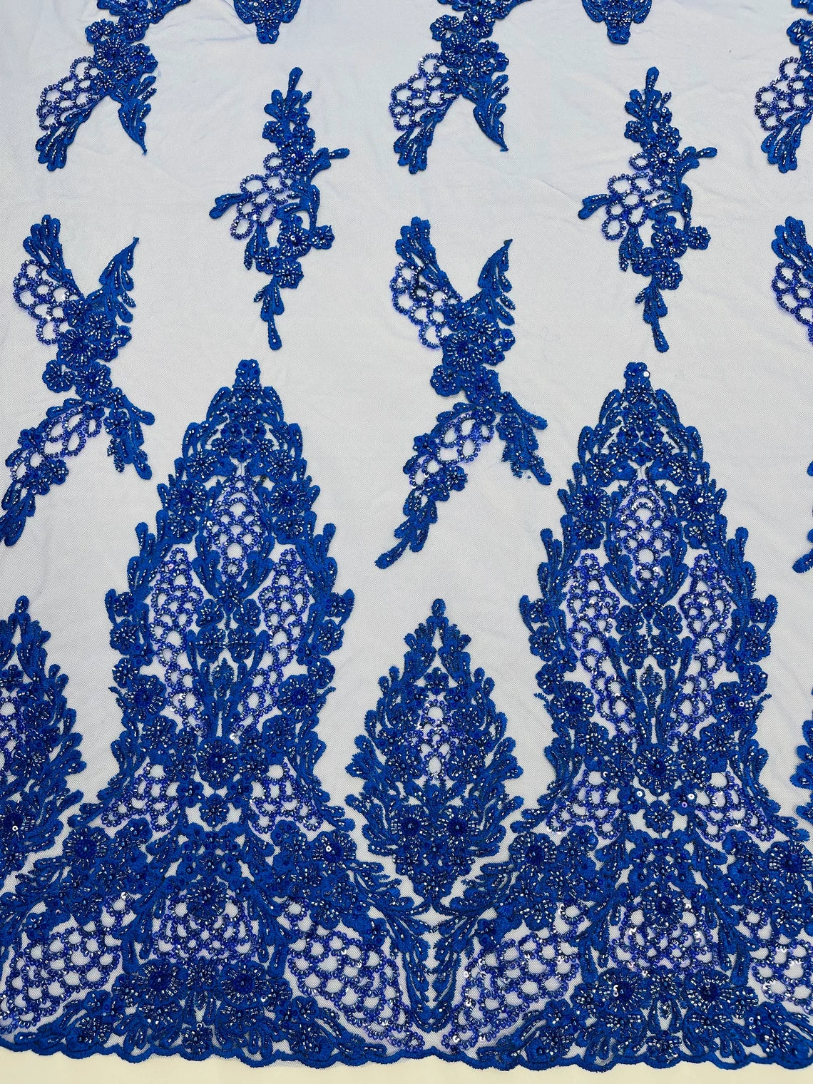 Heavy Bead Floral Fabric - Royal Blue - Beaded Flower Design Fabric Fancy Border By Yard