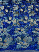 Orchid Design Sequins - Royal Blue - 4 Way Stretch Full Sequins Floral Design Mesh Fabric By Yard