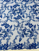 Floral Metallic Lace Fabric - Royal Blue - Corded Embroidered Floral Sequins Fabric by Yard