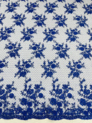 Embroidered Corded Lace Fabric - Royal Blue - Cluster Fancy Flower Embroidered Lace Fabric By Yard