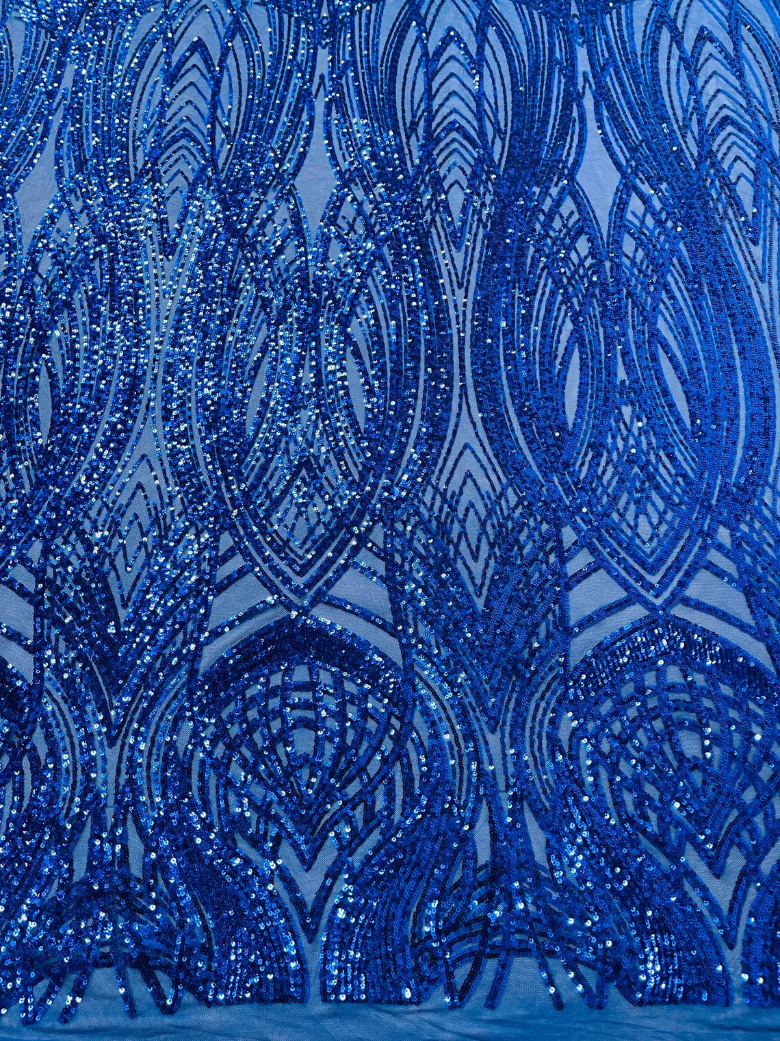 Long Wavy Pattern Sequins - Royal Blue - 4 Way Stretch Sequins Fabric Line Design By Yard