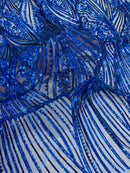 Curvy Line Design Fabric - Royal Blue - 4 Way Stretch Sequins Design Mesh Lace Fabric by Yard