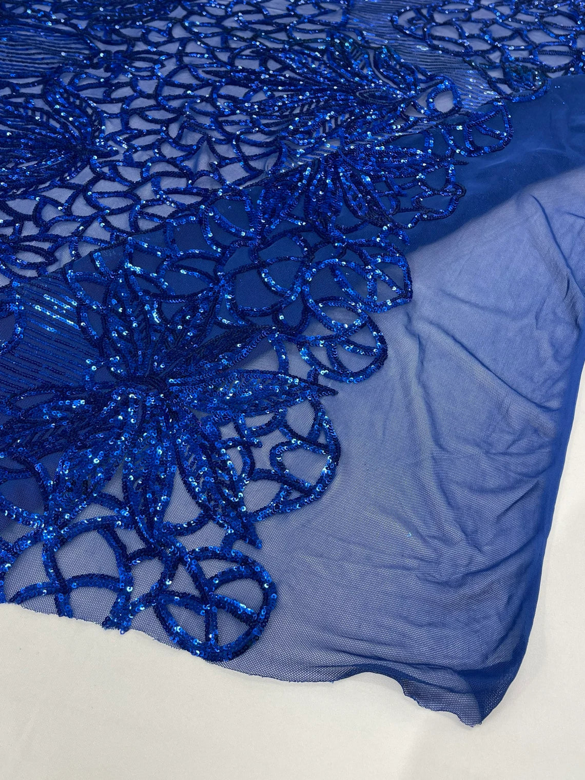 Elegant Floral Leaf Design - Royal Blue - 4 Way Stretch Sequins Lace Spandex Fabric By Yard