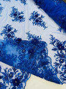 3D Floral Rhinestone Fabric - Royal Blue - Beaded Flower Clusters with Rhinestones and Sequins By Yard