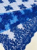 Damask Border Corded Lace - Royal Blue - Floral Cluster Design Damask Border on Lace Fabric Yard