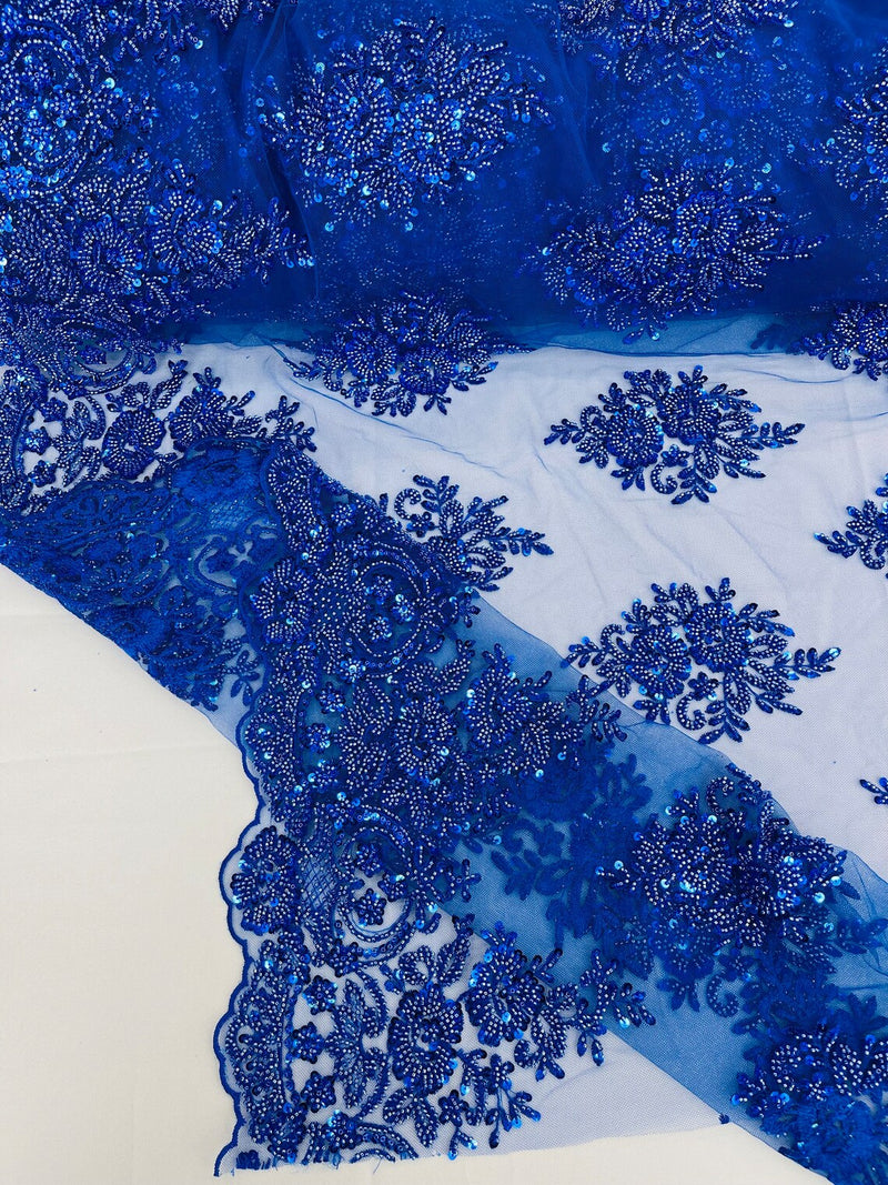 Heavy Beaded Floral Fabric - Royal Blue - Luxury Heavy Duty Bead Bridal Floral Cluster Lace Fabric by the yard