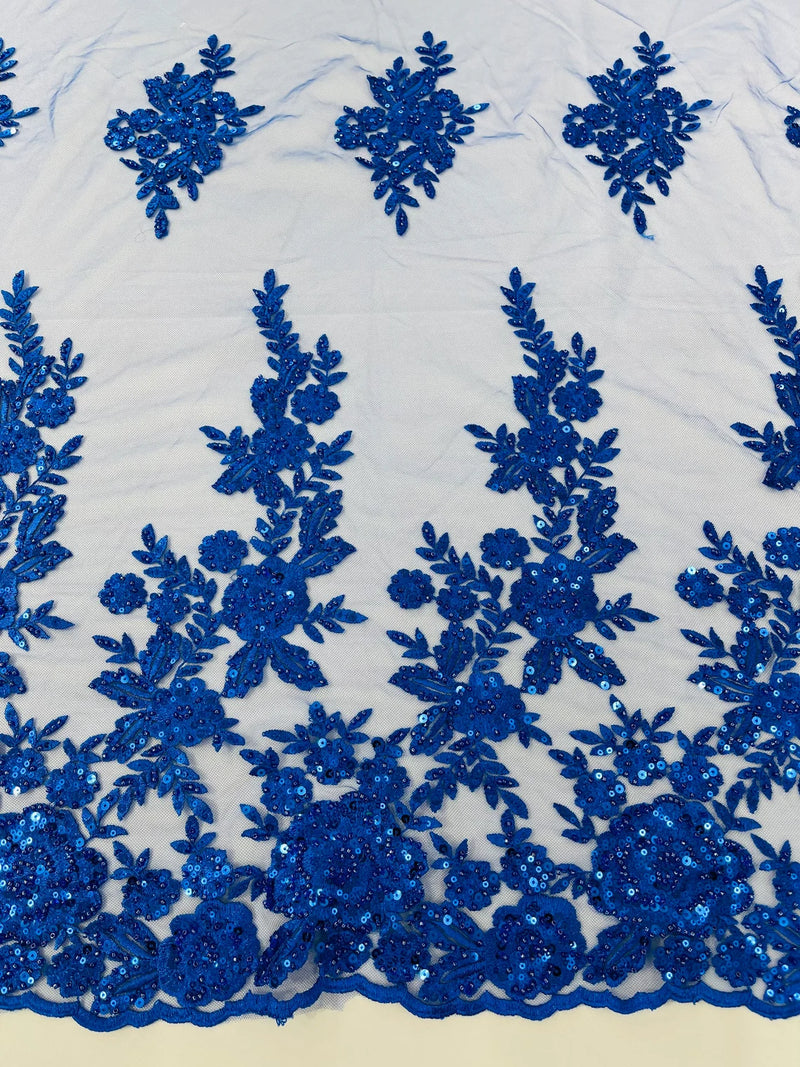 Beaded Rose Flower Fabric - Royal Blue - Embroidered Beaded Long Border Floral Fabric By Yard