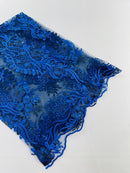 Corded Lace Sequins Fabric - Royal Blue - Embroidered Fancy Flower and Fish Design Sold By Yard