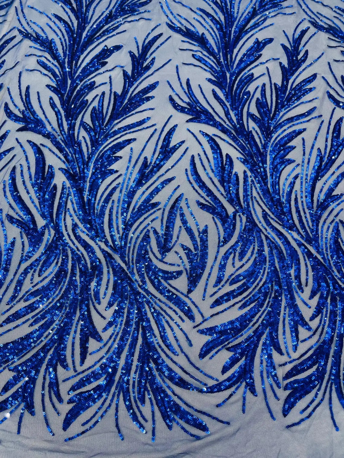 Leaf Design Stretch Sequins - Royal Blue - 4 Way Stretch Lace Mesh Sequins Fabric by Yard