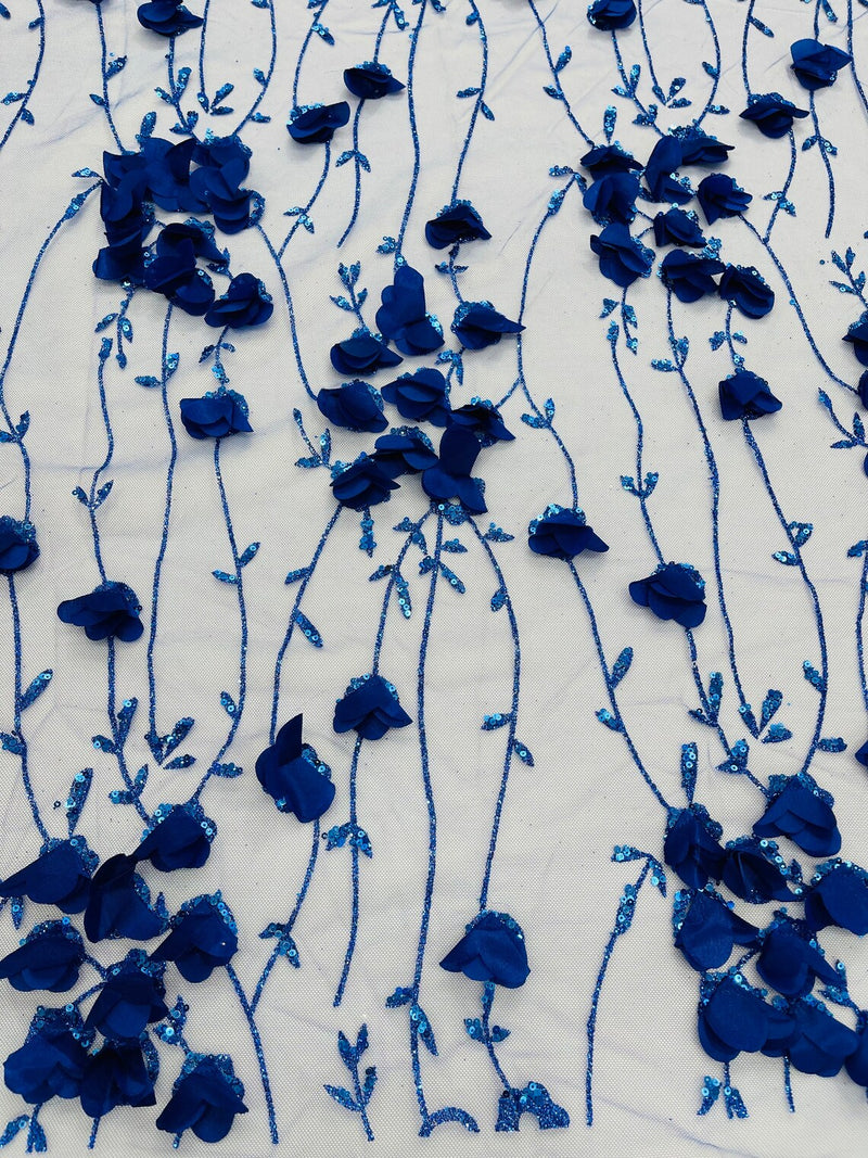 3D Glitter Floral Fabric - Royal Blue - 3D Flowers with Sequins and Glitter on Mesh Sold By Yard