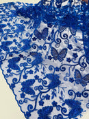 Butterfly Swirl Lace Fabric - Royal Blue - Metallic Sequins Design on Lace Fabric By Yard