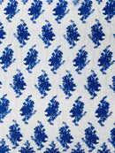 Floral Damask Lace Fabric - Royal Blue - Embroidered Damask Flowers on Lace Fabric By Yard