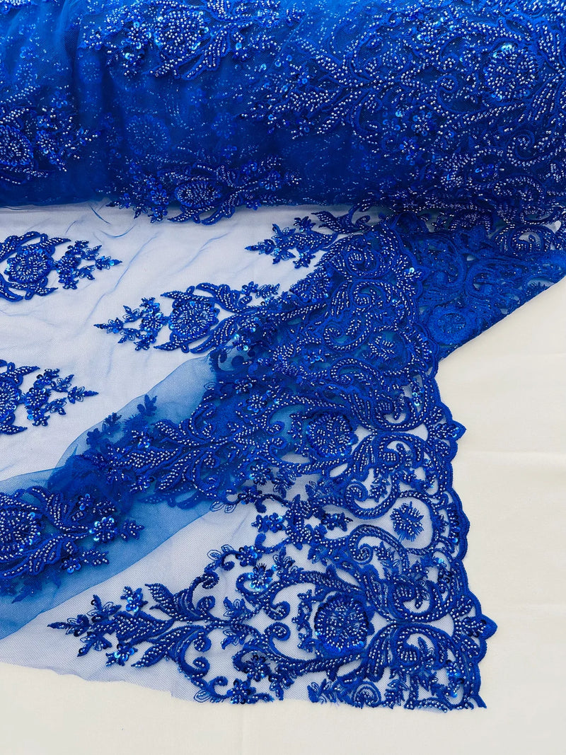 Floral Bead Embroidery Fabric - Royal Blue - Damask Floral Bead Bridal Lace Fabric by the yard