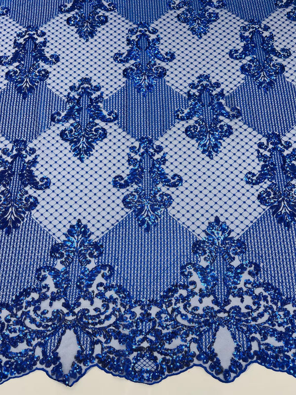 King Damask Design Fabric - Royal Blue - Embroidered Corded Mesh Lace Fabric with Sequins By Yard