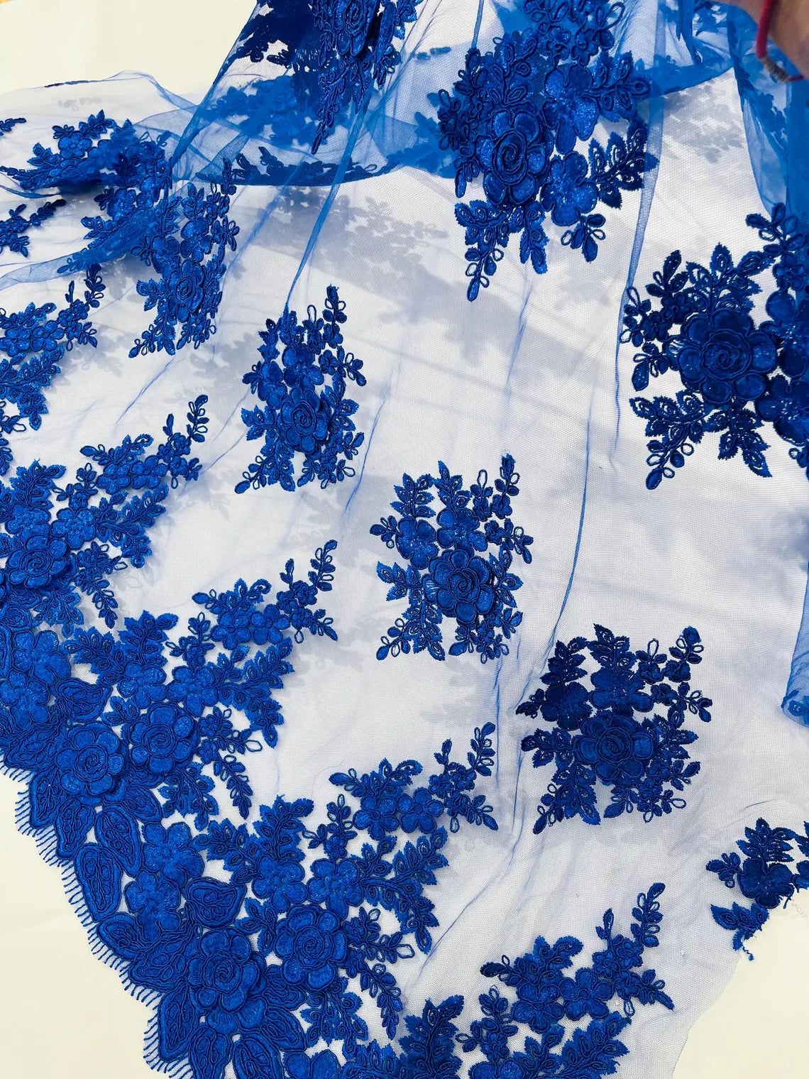Corded Floral 3D Fabric - Royal Blue - Embroidered Floral Design on Lace Mesh Fabric by Yard