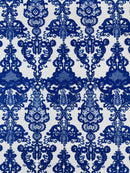 King Lace Pattern Fabric - Royal Blue - Embroidered Sequins on Lace Mesh Fabric By Yard