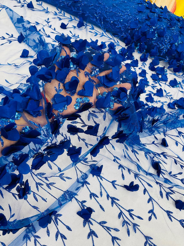 3D Flower Glitter Fabric - Royal Blue - Flower Design on Glitter Mesh Fabric Sold By Yard