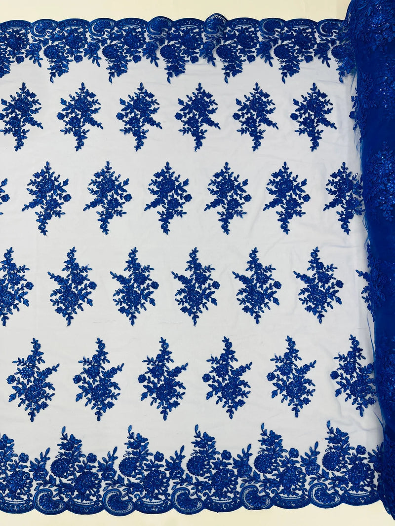 Floral Lace Flower Fabric - Royal Blue - Floral Embroidered Fabric with Sequins on Lace By Yard